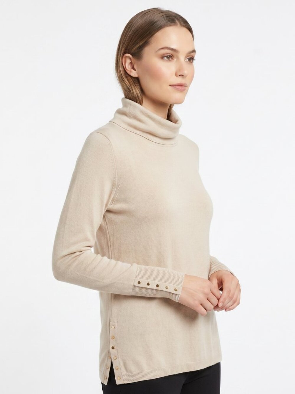 *Le Chateau Women's Beige Cowl Neck Knit Sweater with Button Details
